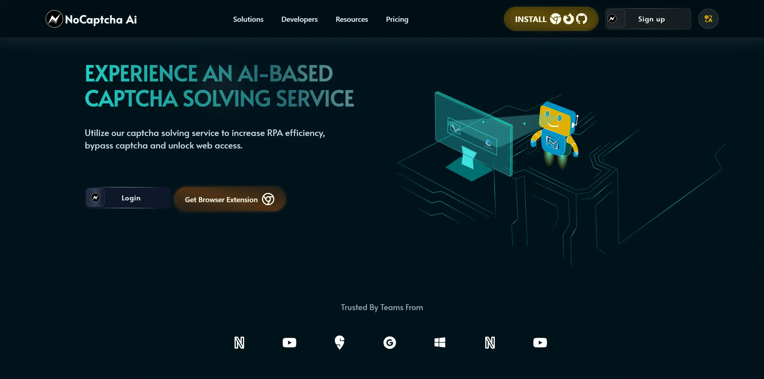 An illustration showing code integration with NoCaptchaAI's API and SDKs for languages like Python and JavaScript.